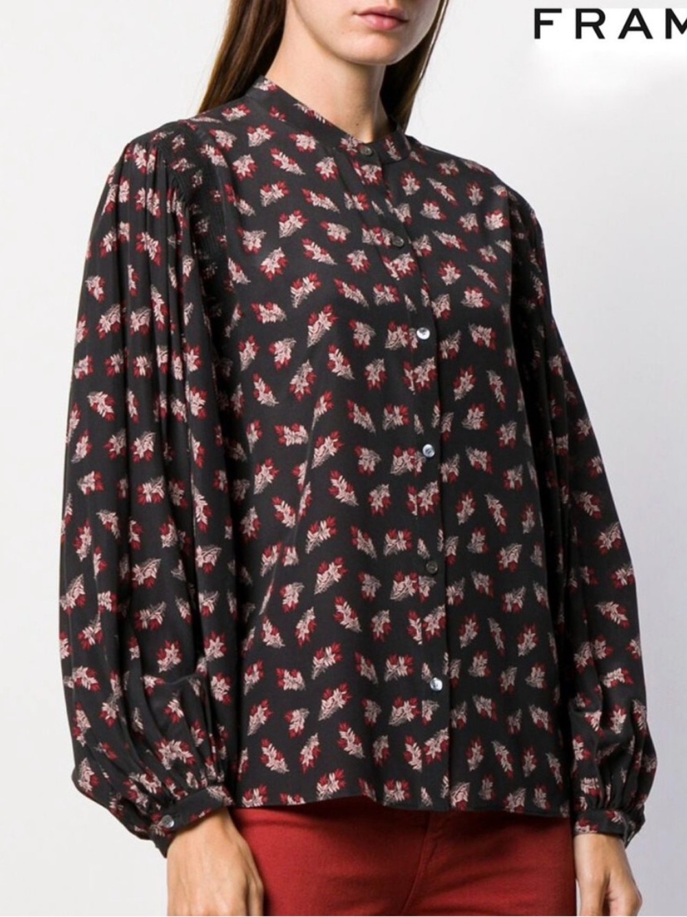 FRAME Black Blouse with Red and Cream Leaf Print